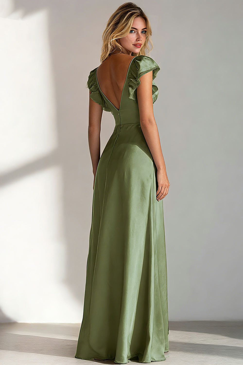 Light Blue V Neck A Line Ruffled Long Bridesmaid Dress with Slit