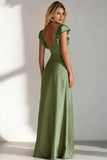 Light Blue V Neck A Line Ruffled Long Bridesmaid Dress with Slit