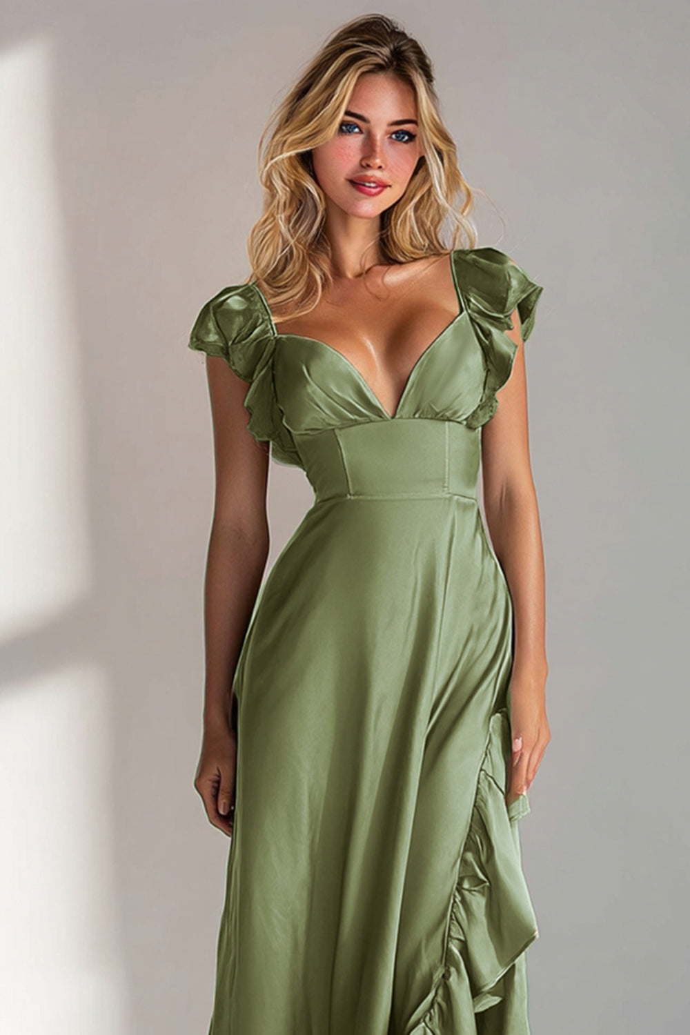 Light Blue V Neck A Line Ruffled Long Bridesmaid Dress with Slit