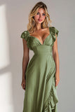 Light Blue V Neck A Line Ruffled Long Bridesmaid Dress with Slit