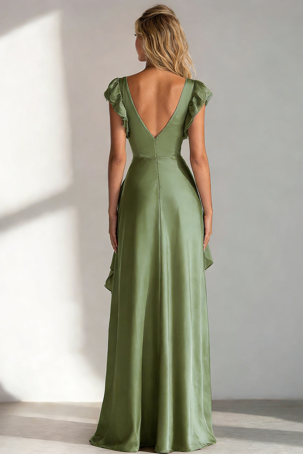 Light Blue V Neck A Line Ruffled Long Bridesmaid Dress with Slit