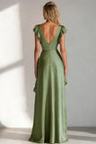 Light Blue V Neck A Line Ruffled Long Bridesmaid Dress with Slit