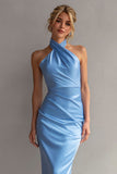 Light Blue High Neck Satin Mermaid Long Bridesmaid Dress