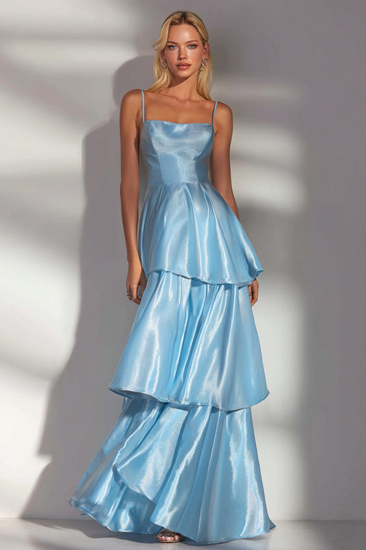 Light Blue A Line Spaghetti Straps Tiered Long Bridesmaid Dress with Ruffles