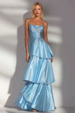 Light Blue A Line Spaghetti Straps Tiered Long Bridesmaid Dress with Ruffles