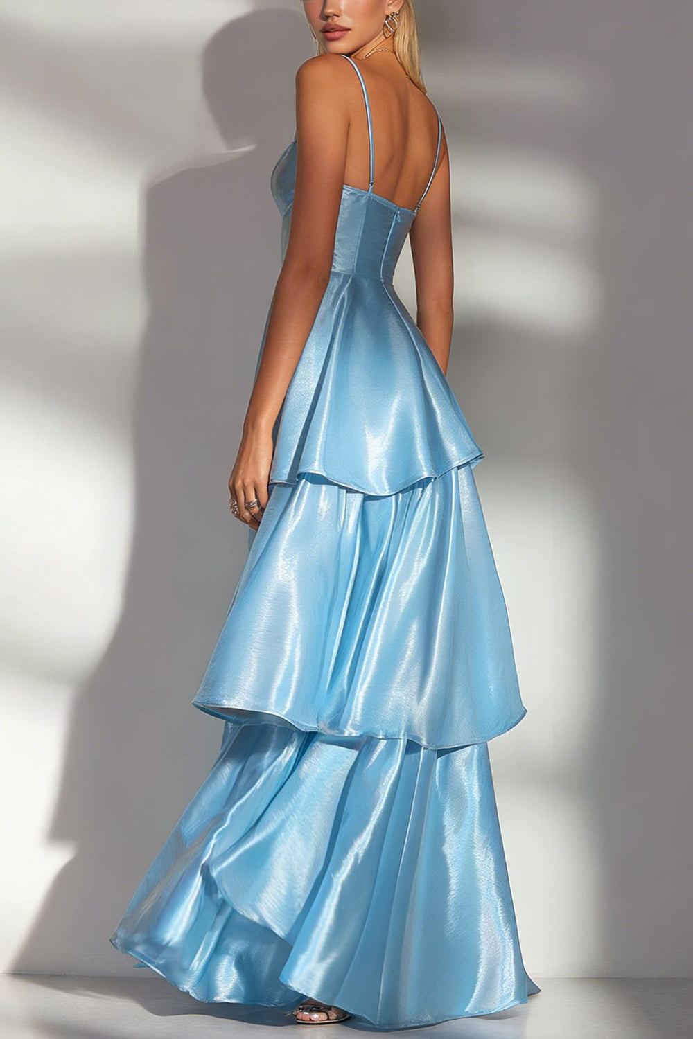 Light Blue A Line Spaghetti Straps Tiered Long Bridesmaid Dress with Ruffles