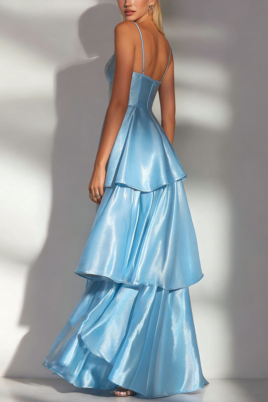 Light Blue A Line Spaghetti Straps Tiered Long Bridesmaid Dress with Ruffles