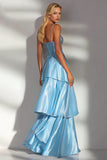 Light Blue A Line Spaghetti Straps Tiered Long Bridesmaid Dress with Ruffles