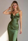Emerald Green Spaghetti Straps Mermaid Long Bridesmaid Dress with Slit