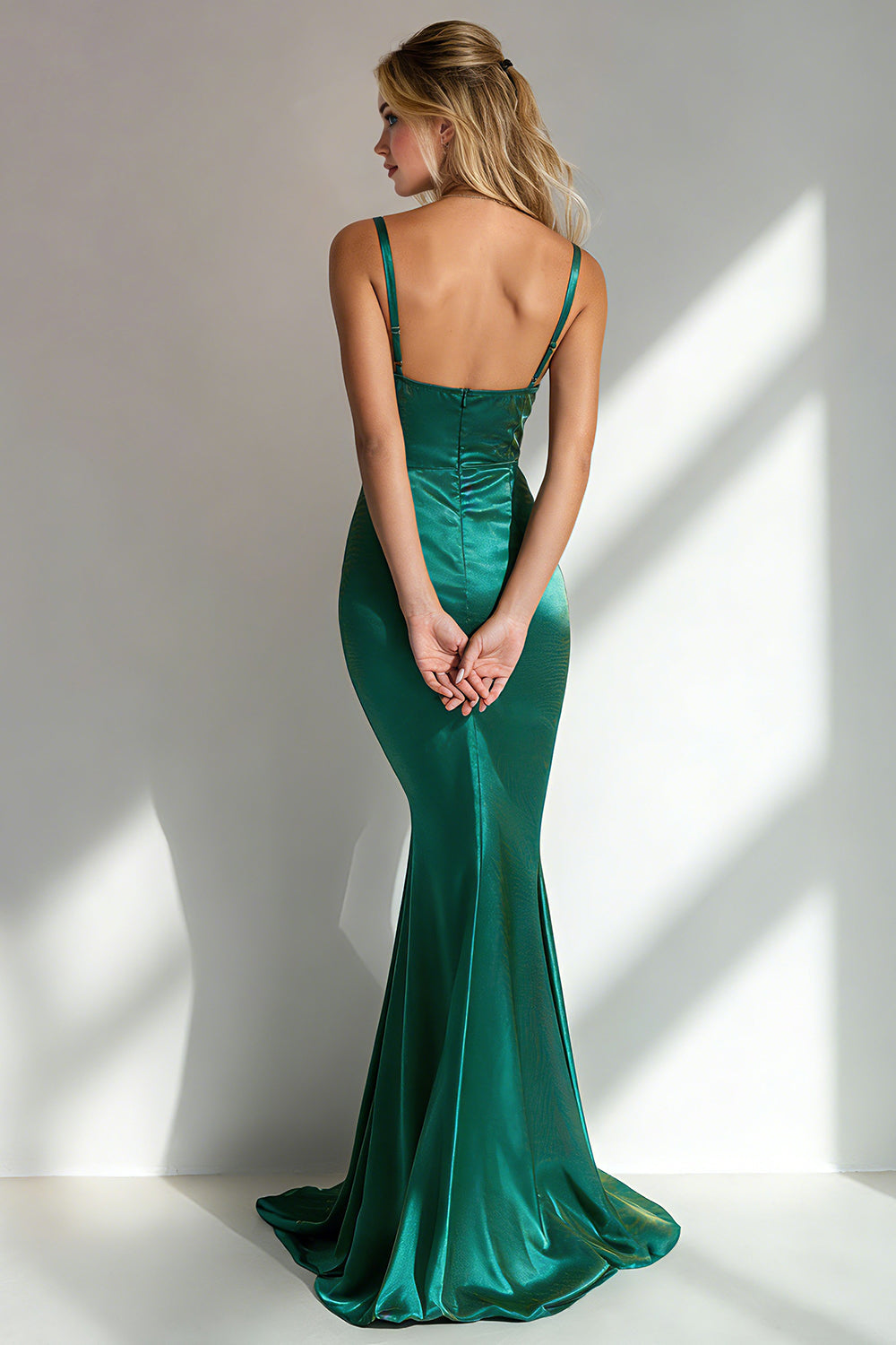 Peocock Green Satin Mermaid Spaghetti Straps Long Bridesmaid Dress