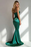 Peocock Green Satin Mermaid Spaghetti Straps Long Bridesmaid Dress