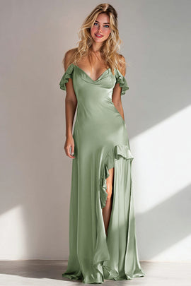 Light Green A Line Off the Shoulder Satin Ruffled Long Bridesmaid Dress with Slit