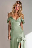 Light Green A Line Off the Shoulder Satin Ruffled Long Bridesmaid Dress with Slit
