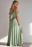 Light Green A Line Off the Shoulder Satin Ruffled Long Bridesmaid Dress with Slit