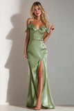 Sage Green Satin Meimaid Cold Shoulder Long Bridesmaid Dress with Ruffles