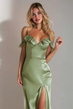 Sage Green Satin Meimaid Cold Shoulder Long Bridesmaid Dress with Ruffles