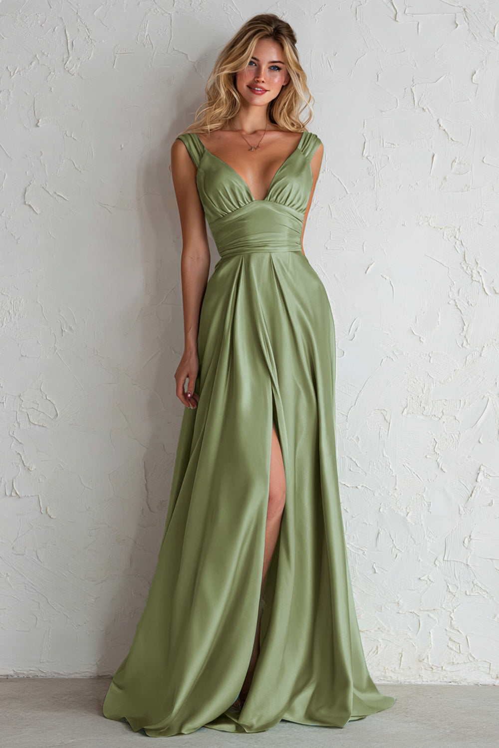 Sage Green V Neck A Line Satin Long Bridesmaid Dress with Slit