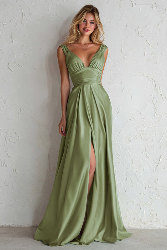 Sage Green V Neck A Line Satin Long Bridesmaid Dress with Slit