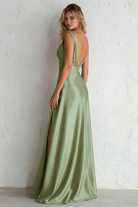 Sage Green V Neck A Line Satin Long Bridesmaid Dress with Slit