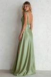 Sage Green V Neck A Line Satin Long Bridesmaid Dress with Slit