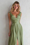 Sage Green V Neck A Line Satin Long Bridesmaid Dress with Slit
