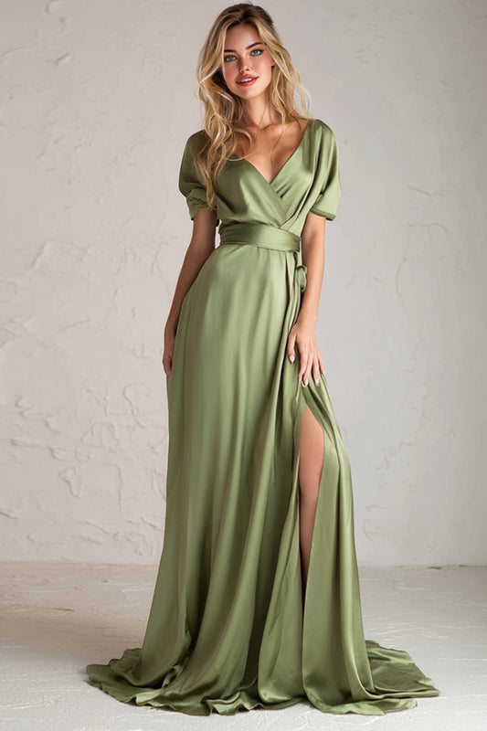 Sage Green Satin V Neck A Line Long Bridesmaid Dress with Slit