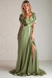 Sage Green Satin V Neck A Line Long Bridesmaid Dress with Slit