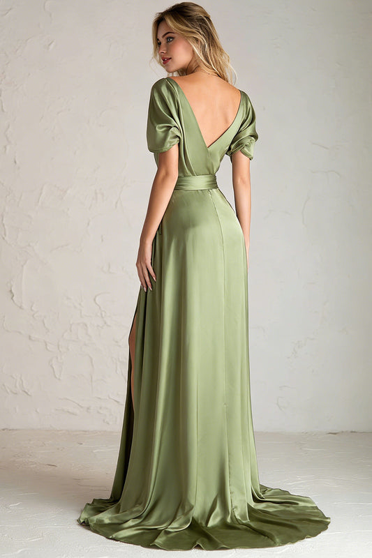 Sage Green Satin V Neck A Line Long Bridesmaid Dress with Slit