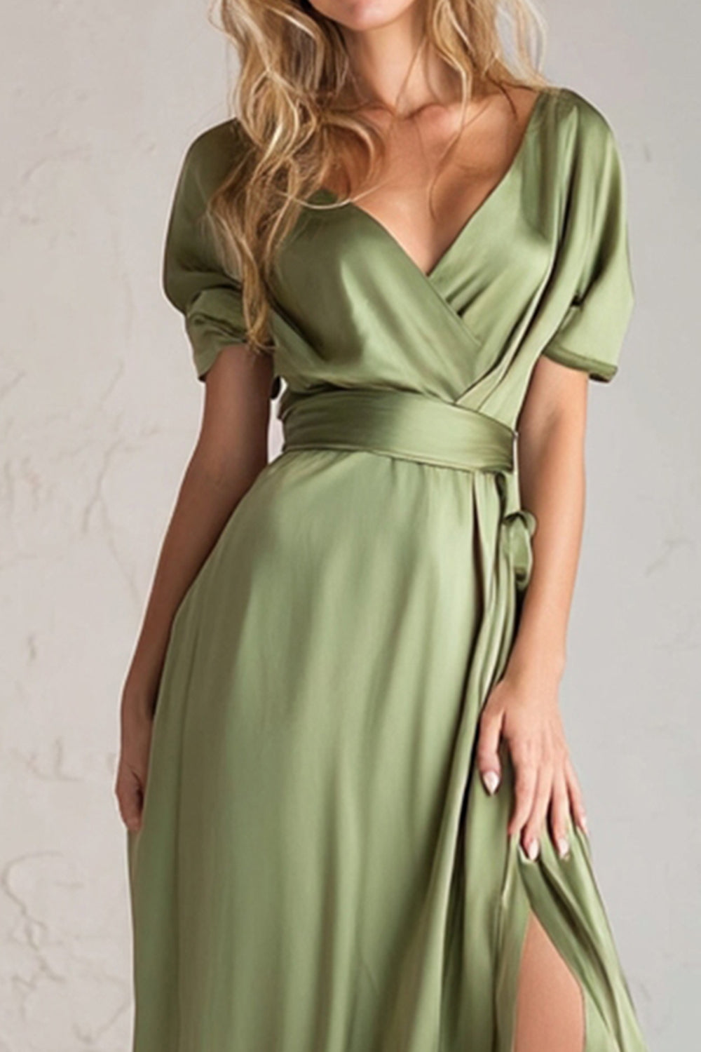 Sage Green Satin V Neck A Line Long Bridesmaid Dress with Slit