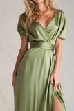Sage Green Satin V Neck A Line Long Bridesmaid Dress with Slit