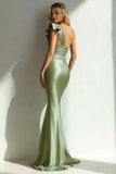 Sage Green One Shoulder Mermaid Satin Long Bridesmaid Dress with Ruffles