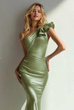 Sage Green One Shoulder Mermaid Satin Long Bridesmaid Dress with Ruffles