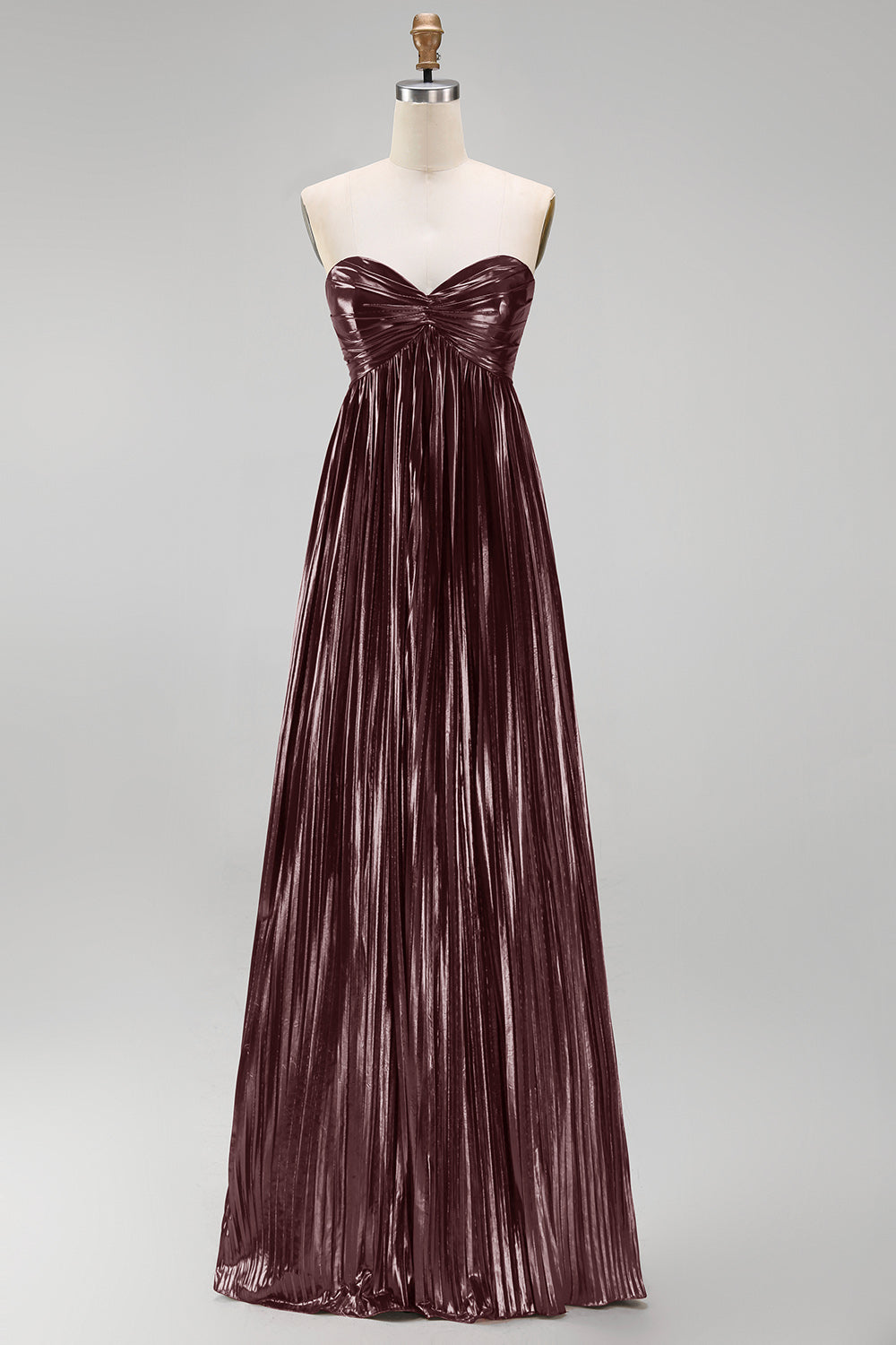 Metallic Pleated Coffee Strapless Long Wedding Guest Dress