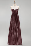 Metallic Pleated Coffee Strapless Long Wedding Guest Dress