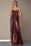 Metallic Pleated Coffee Strapless Long Wedding Guest Dress