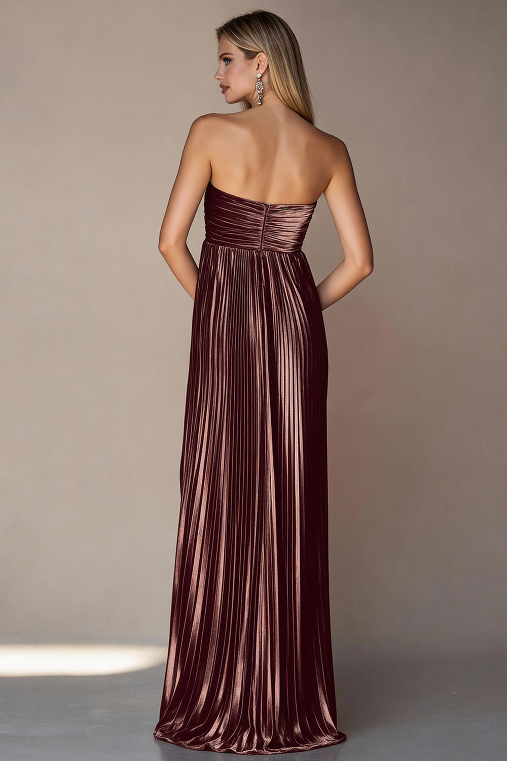 Metallic Pleated Coffee Strapless Long Wedding Guest Dress