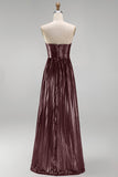 Metallic Pleated Coffee Strapless Long Wedding Guest Dress