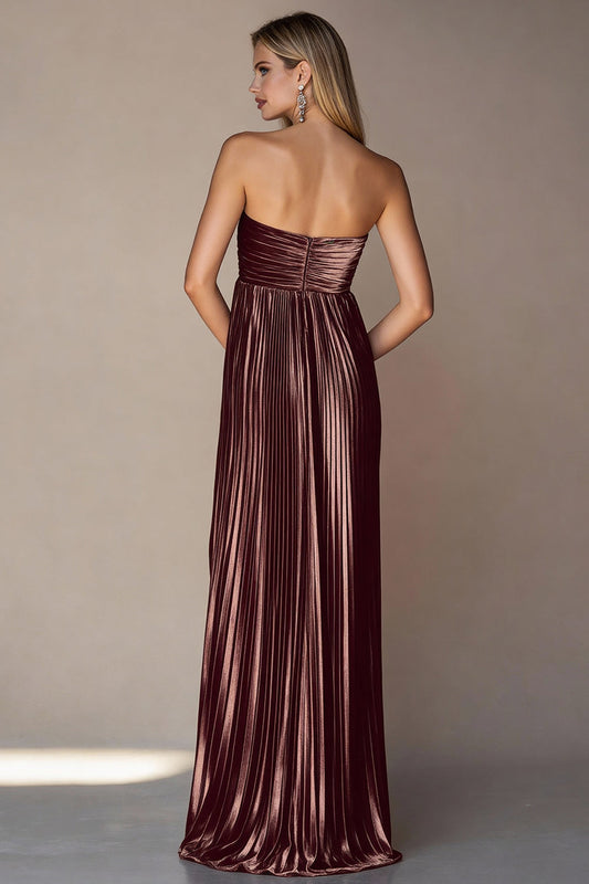 Metallic Pleated Coffee Strapless Long Wedding Guest Dress