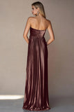 Metallic Pleated Coffee Strapless Long Wedding Guest Dress
