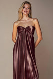 Metallic Pleated Coffee Strapless Long Wedding Guest Dress