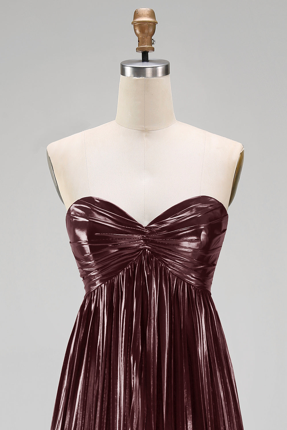 Metallic Pleated Coffee Strapless Long Wedding Guest Dress