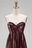 Metallic Pleated Coffee Strapless Long Wedding Guest Dress