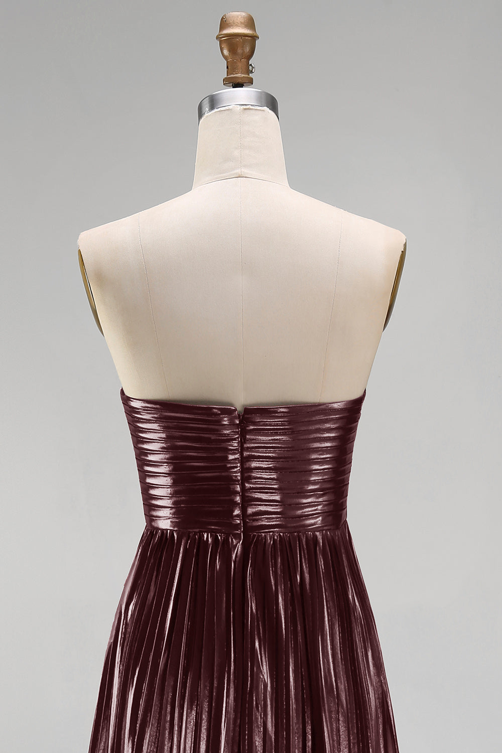 Metallic Pleated Coffee Strapless Long Wedding Guest Dress