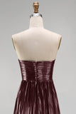 Metallic Pleated Coffee Strapless Long Wedding Guest Dress