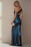Dark Blue Sheath One Shoulder Long Wedding Guest Dress with Slit