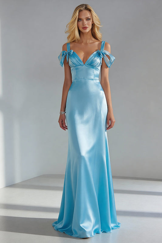 Sky Blue Satin Sheath Cold Shoulder Long Wedding Guest Dress with Bow
