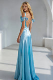 Sky Blue Satin Sheath Cold Shoulder Long Wedding Guest Dress with Bow