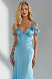 Sky Blue Satin Sheath Cold Shoulder Long Wedding Guest Dress with Bow