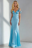 Sky Blue Satin Sheath Cold Shoulder Long Wedding Guest Dress with Bow