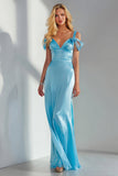 Sky Blue Satin Sheath Cold Shoulder Long Wedding Guest Dress with Bow